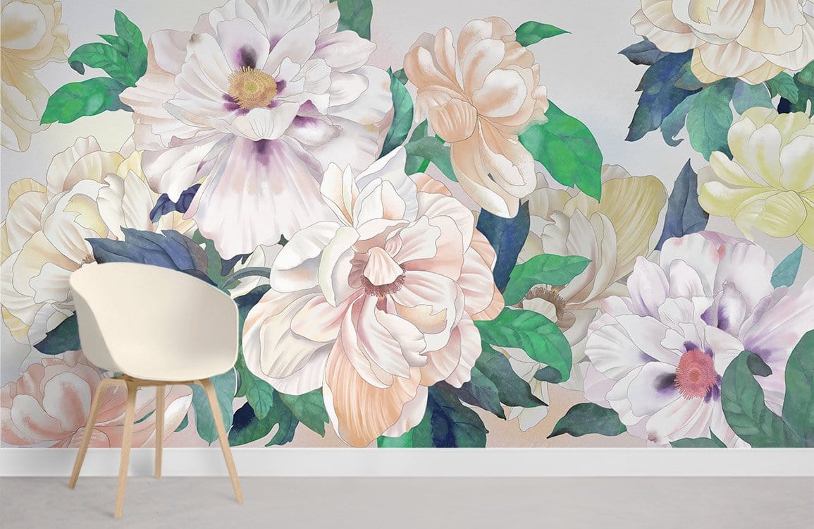 Elegant pastel blooms mural wallpaper with soft green foliage, beige accent chair, minimalist room design.