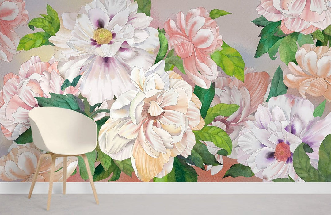 Elegant Floral Paradise Mural Wallpaper, pastel botanical design with modern white chair on grey flooring.