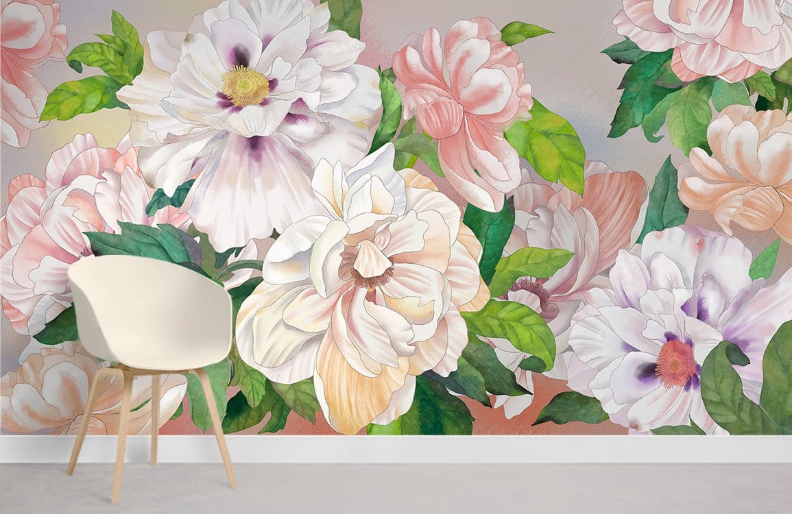Elegant Floral Paradise Mural Wallpaper, pastel botanical design with modern white chair on grey flooring.