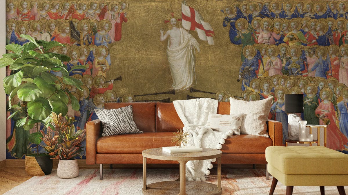 Medieval Gothic mural wallpaper in gold hues, with brown leather sofa, green plant, modern living room.