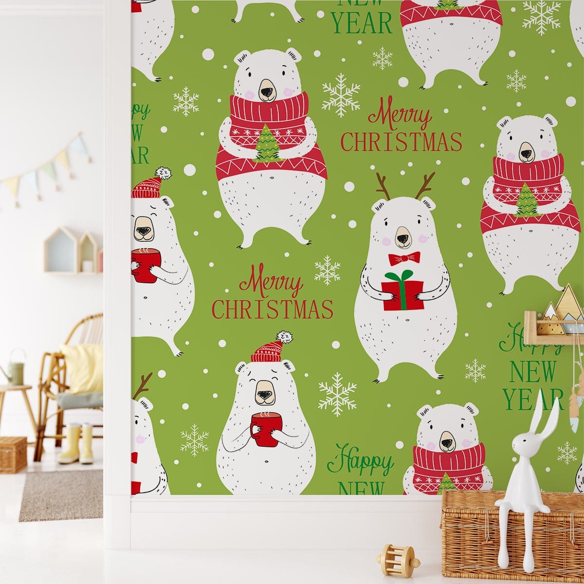 Festive Polar Bear Christmas Mural, green red holiday wallpaper in cheerful living room with light Décor.