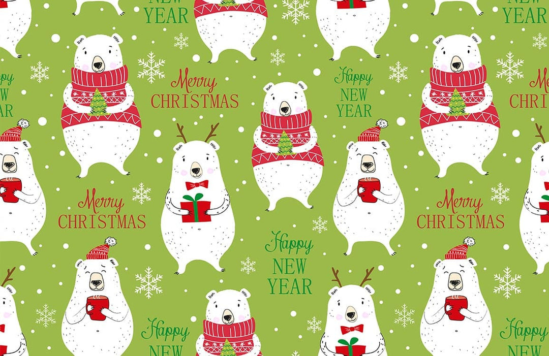 Festive Polar Bear Christmas Mural Wallpaper - Green, Red, Cheerful Holiday Pattern