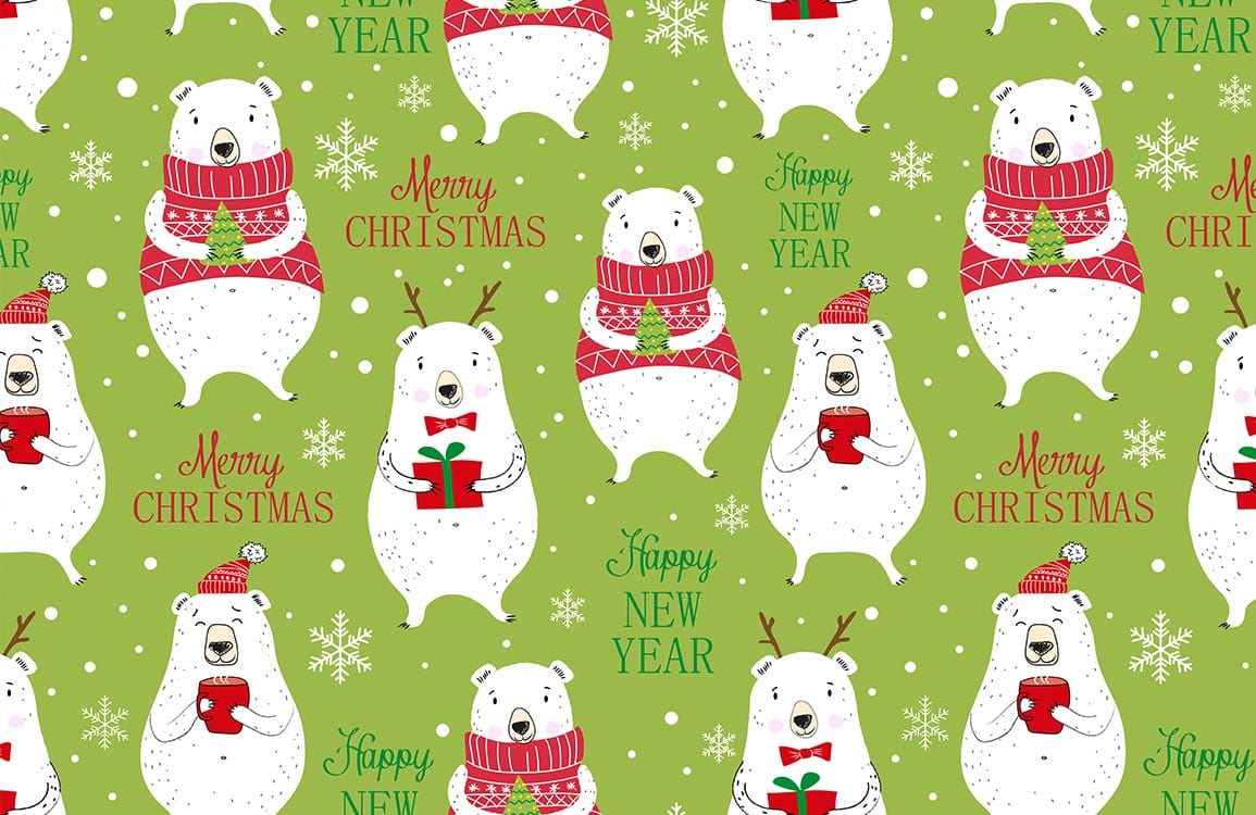 Festive Polar Bear Christmas Mural Wallpaper - Green, Red, Cheerful Holiday Pattern