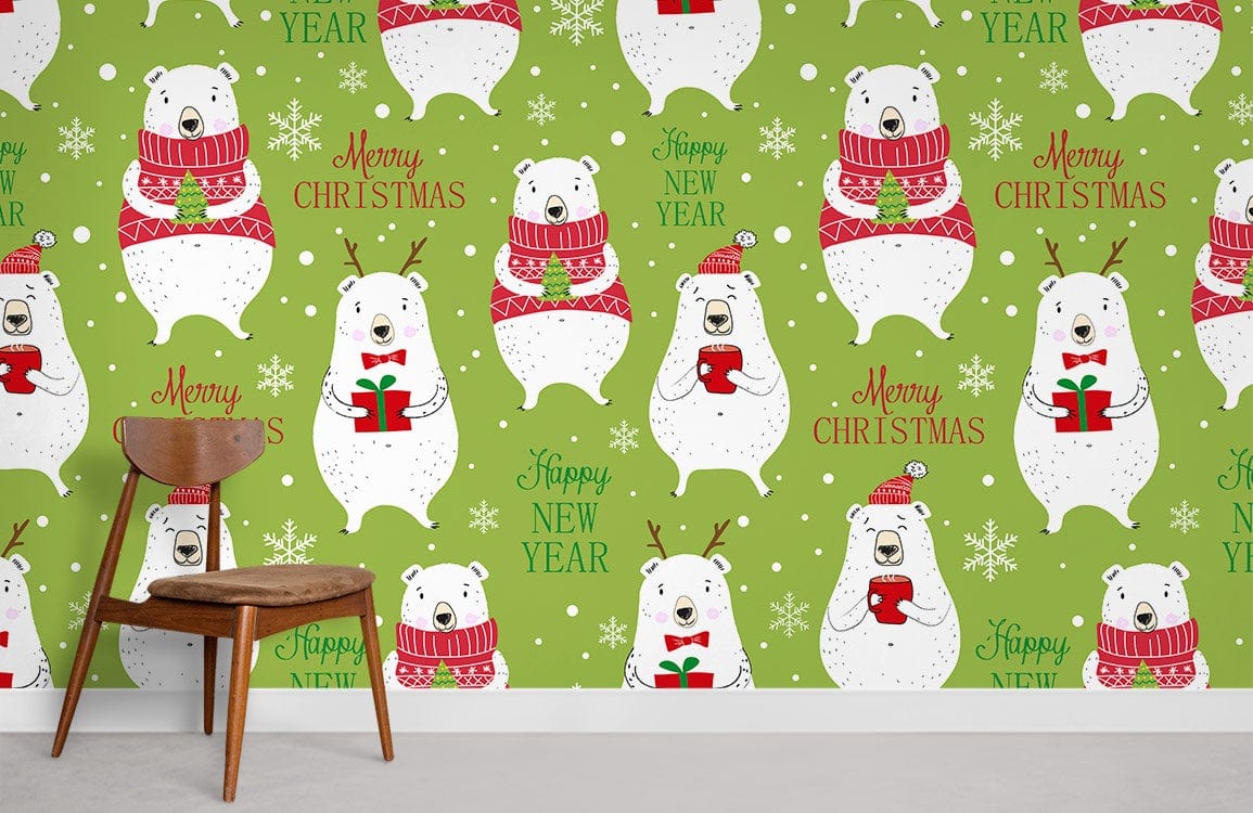 Festive Polar Bear Christmas Mural Wallpaper with chair, wood floor; green, red holiday design.
