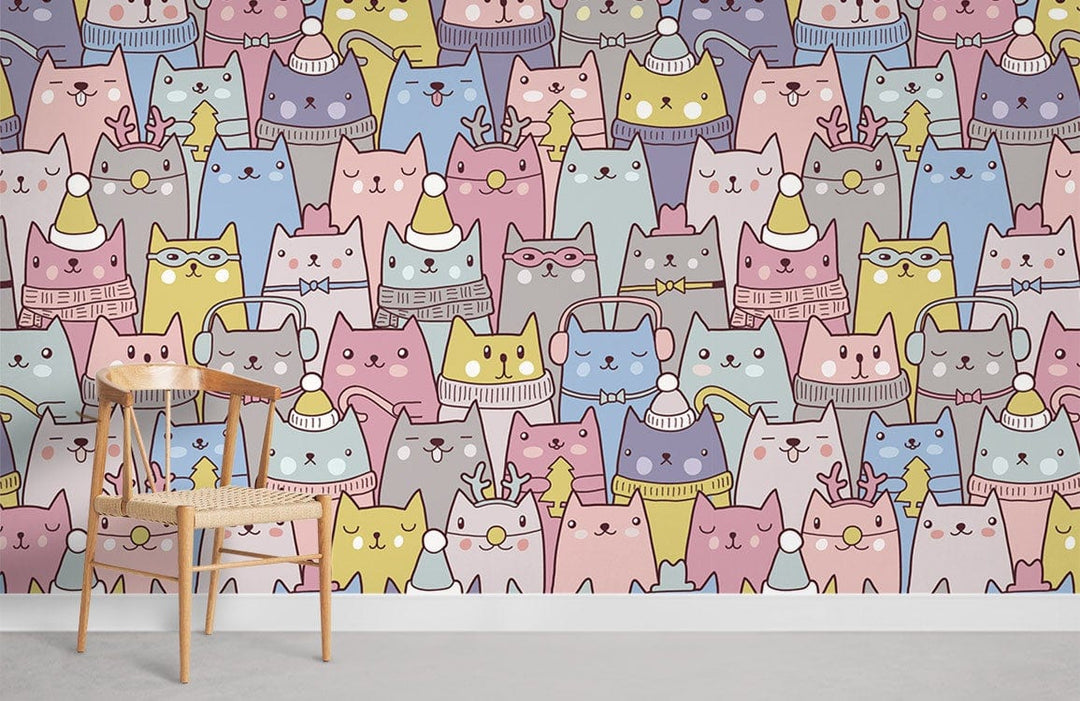 Whimsical Pastel Cat Pattern Wallpaper in kids' room with wooden chair, cosy colourful decor.