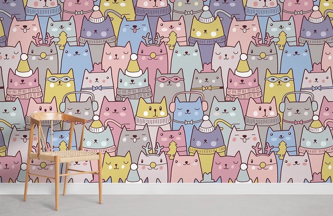 Whimsical Pastel Cat Pattern Wallpaper in kids' room with wooden chair, cosy colourful decor.