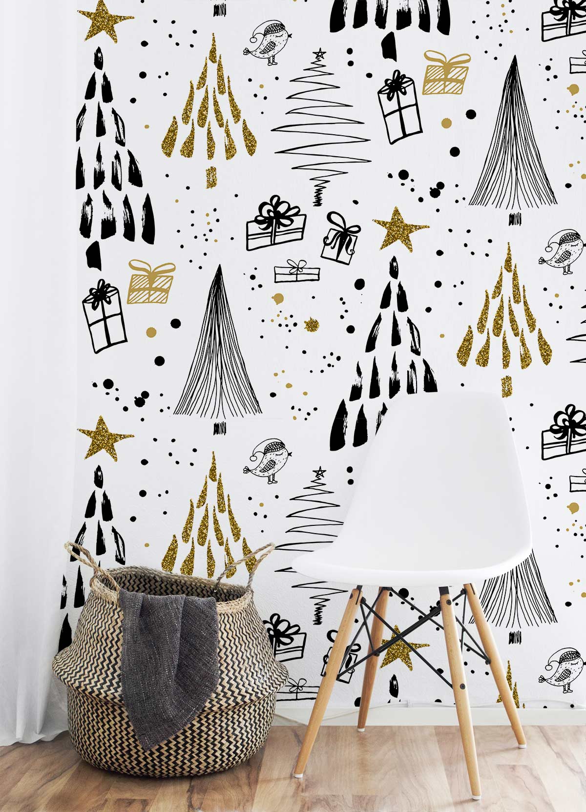 Festive black and gold tree mural wallpaper with gifts, white chair, wooden floor, basket, curtain.