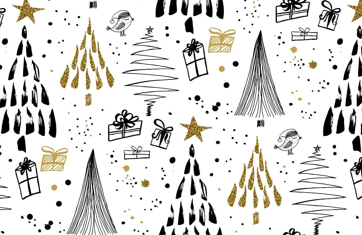 Festive Black and Gold Christmas Trees Mural Wallpaper with Gifts Pattern