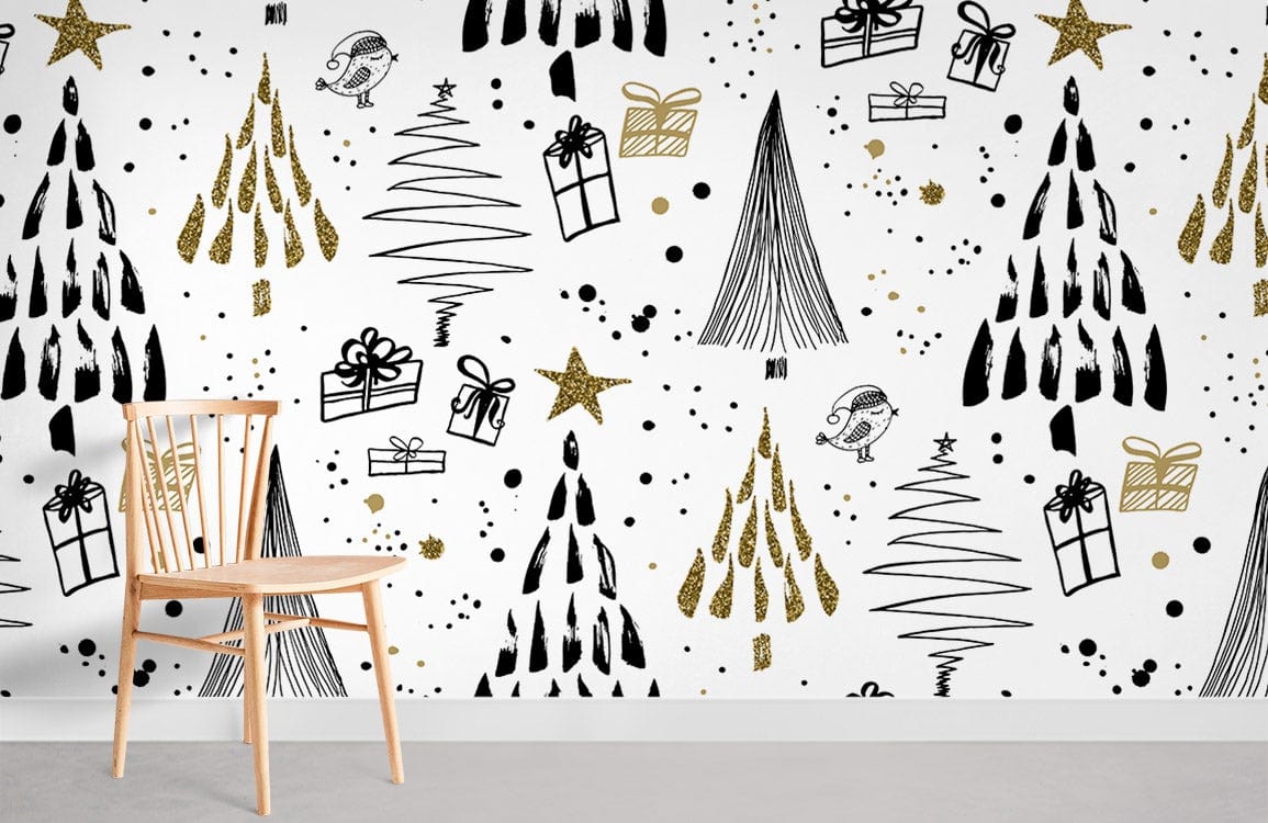 Festive black and gold Christmas trees mural wallpaper, gifts pattern, wooden chair, grey flooring.