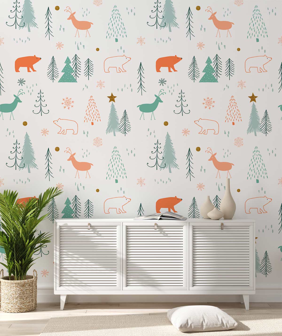 Whimsical Winter Wonderland wallpaper in pastel hues, featuring charming animals, in bright, stylish living room.