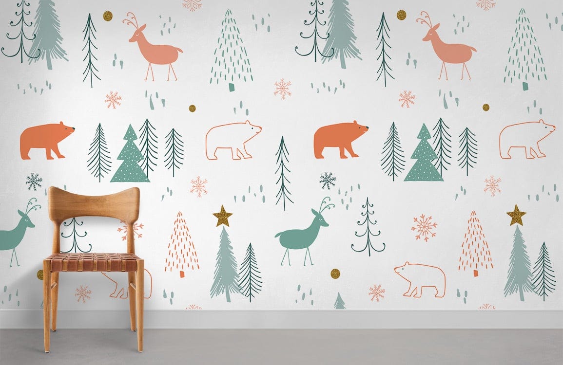 Whimsical winter animals wallpaper, pastel colours, wooden chair, minimal room, grey flooring.