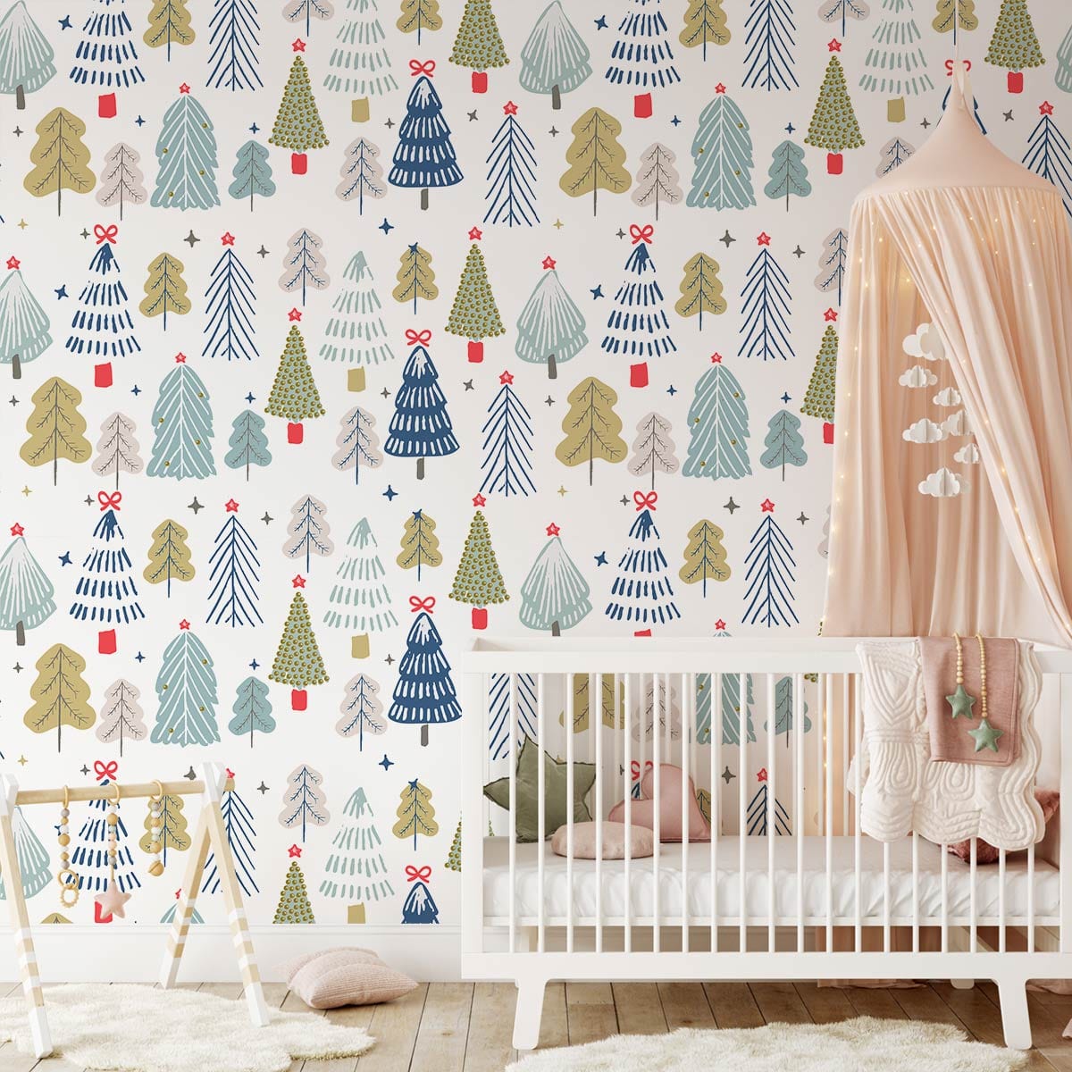 Colourful Nordic Winter Trees wallpaper in nursery with white crib, wooden floor, pink canopy decor.