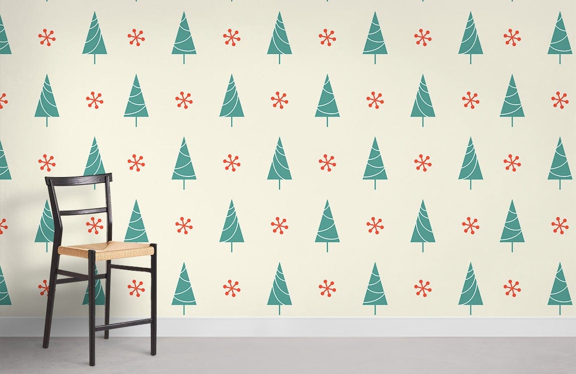 Festive Evergreen Christmas Tree Pattern Wallpaper on cream wall, featuring wooden chair, minimal interior design.