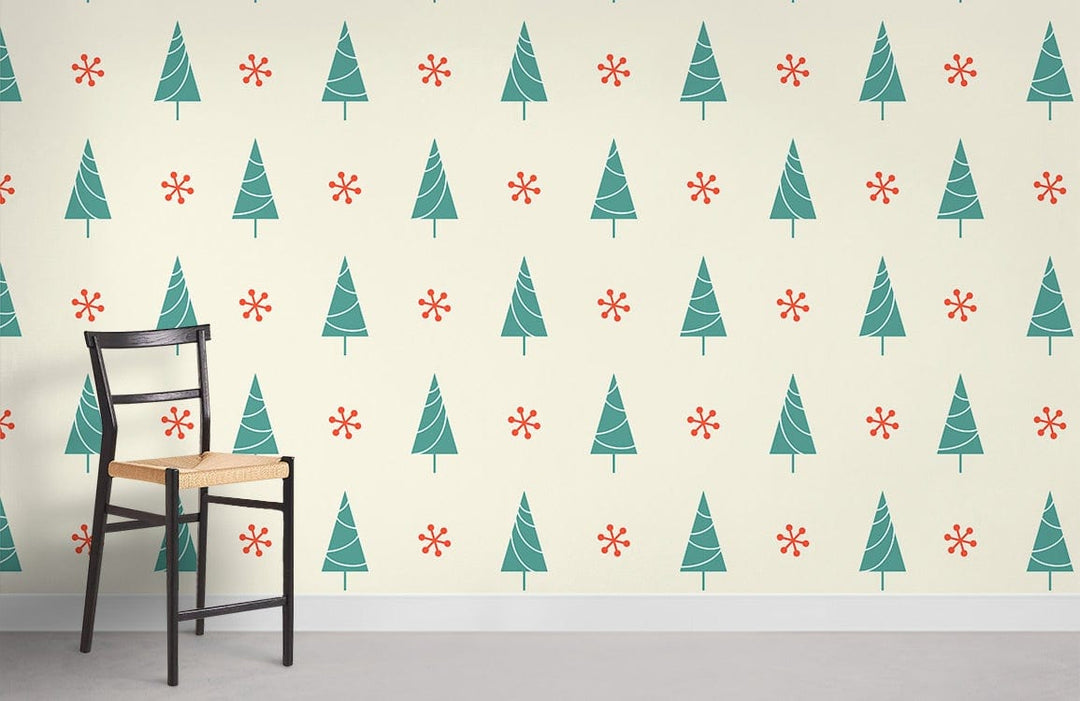 Festive Evergreen Christmas Tree Pattern Wallpaper on cream wall, featuring wooden chair, minimal interior design.
