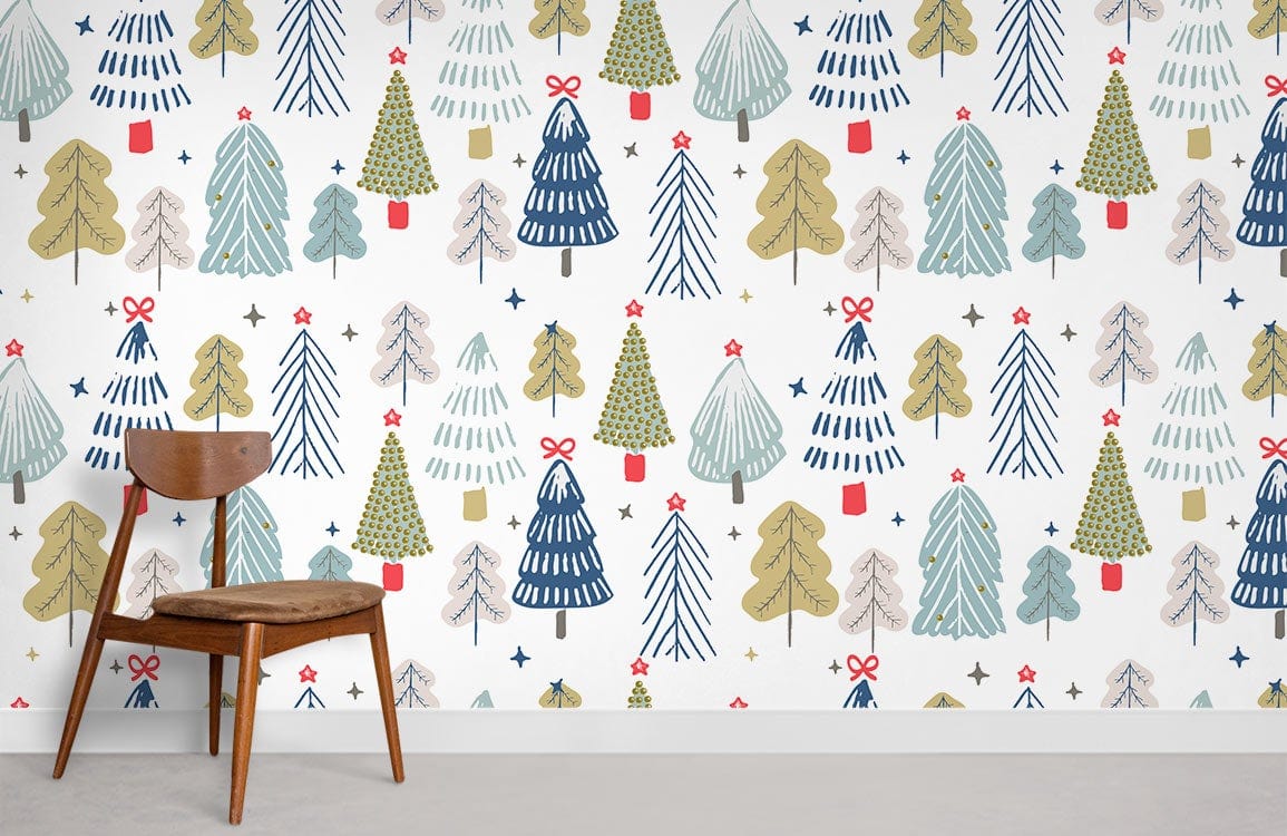 Colourful Nordic winter trees wallpaper with wooden chair, neutral flooring, festive home decoration.