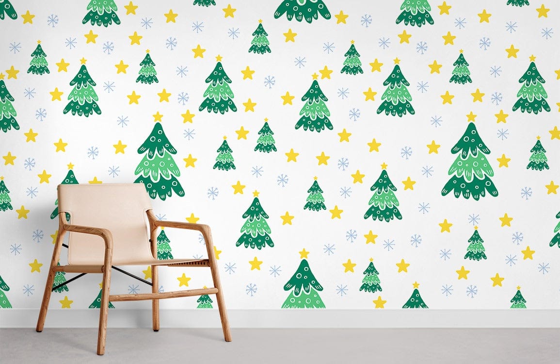 Festive green Christmas tree and star wallpaper, beige chair, grey flooring, playful living room decor.