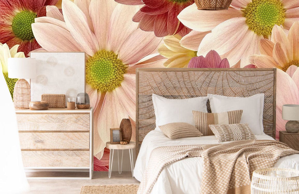 Charming Retro Floral Delight mural wallpaper in bedroom with wicker bedframe, pastel hues, light wood dresser.