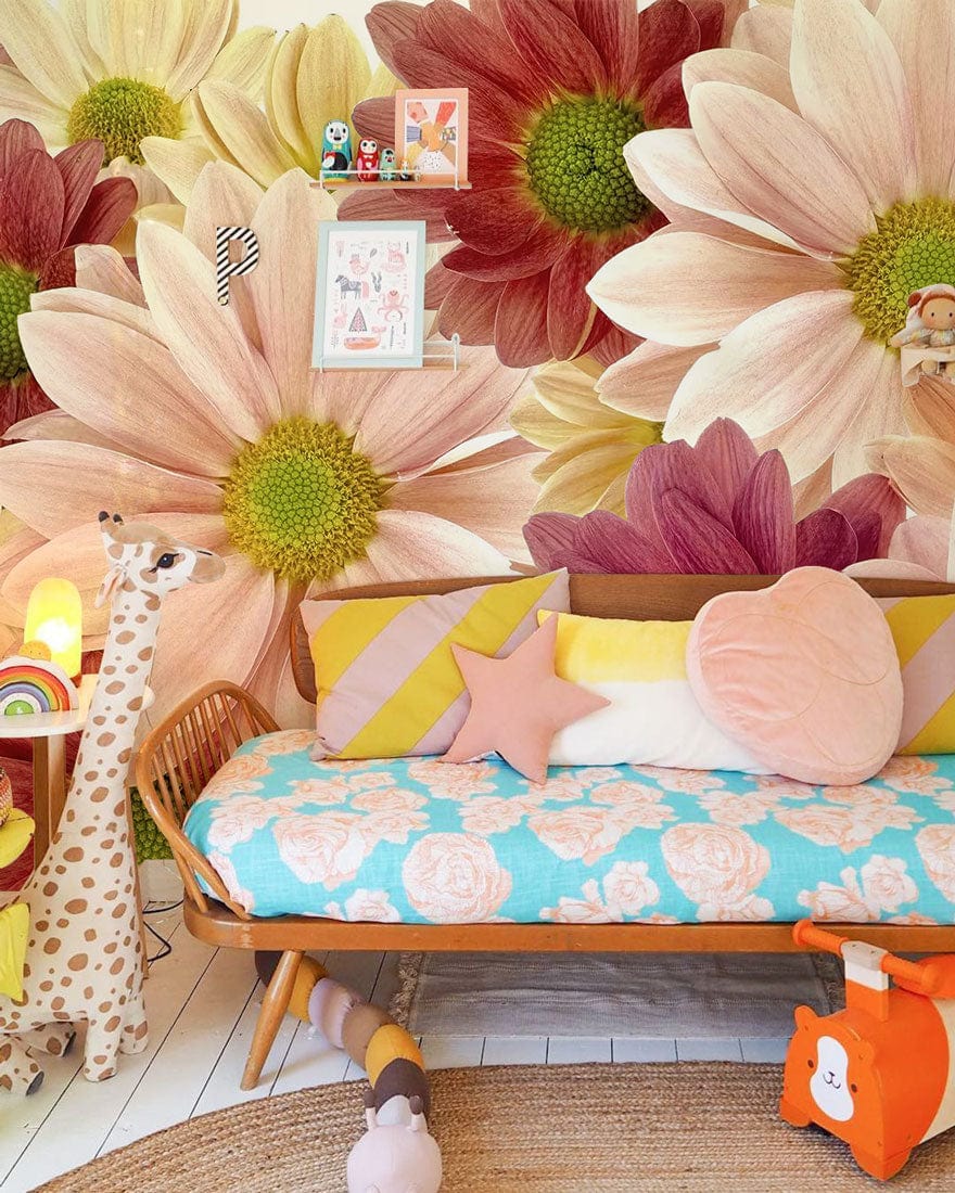 Charming Retro Floral Delight Mural Wallpaper, pastel hues, vibrant blooms, wooden sofa, child's room decor.
