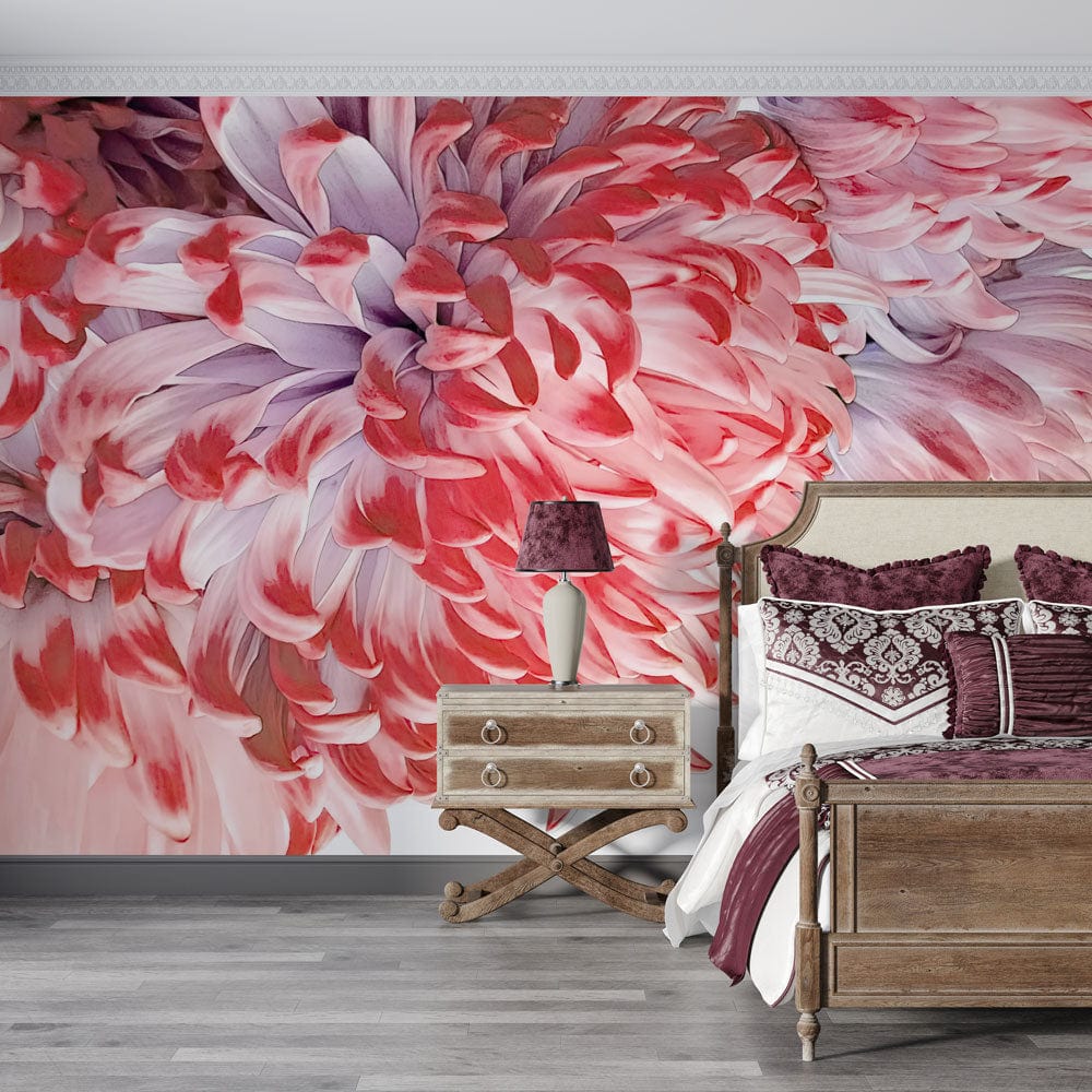 Luxurious pink and lavender floral mural wallpaper in elegant bedroom with wooden bed, grey flooring, lamp.