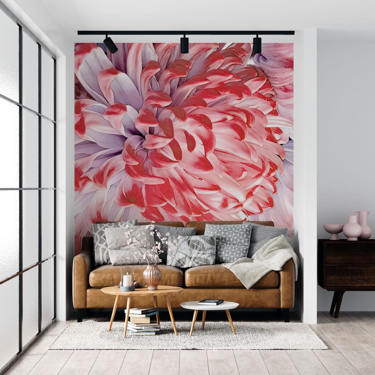 Luxurious pink and lavender floral mural, elegant sofa, wooden flooring, modern living room Décor.