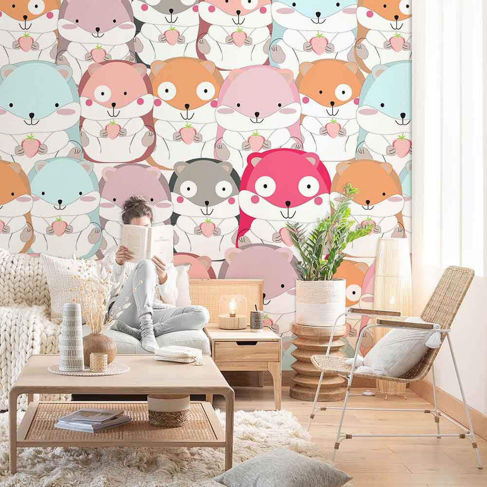 Pastel hamster pattern wallpaper in kids' room; cosy sofa, wooden flooring, natural decor elements.