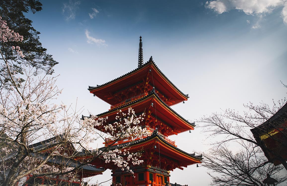Serene Japanese Pagoda Landscape Mural Wallpaper: Tranquil Cherry Blossom Design