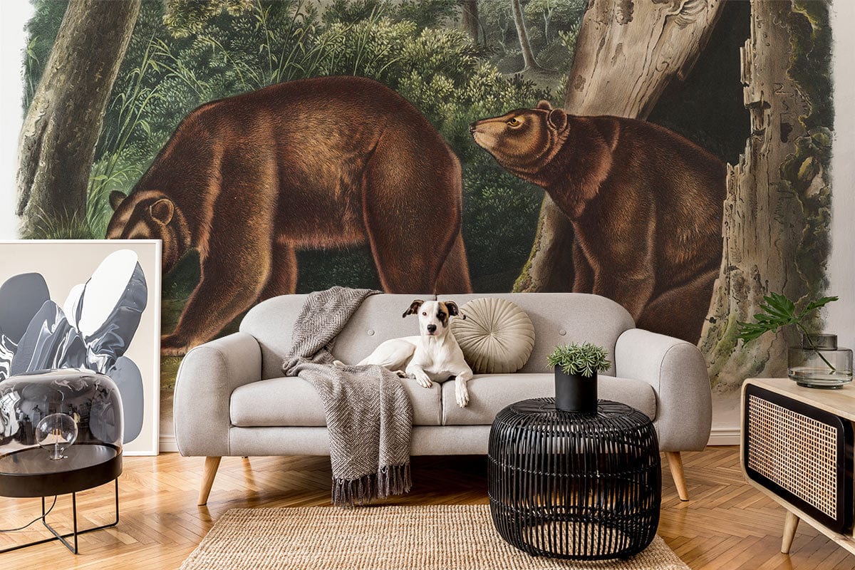 Vintage Bear Forest Adventure Mural Wallpaper, earthy tones in living room with grey sofa and light wood flooring.