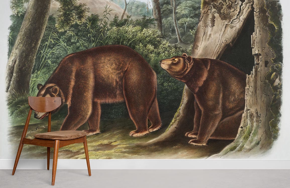 Vintage Bear Forest Mural Wallpaper in Earthy Tones with wooden chair, grey floor, room setting.
