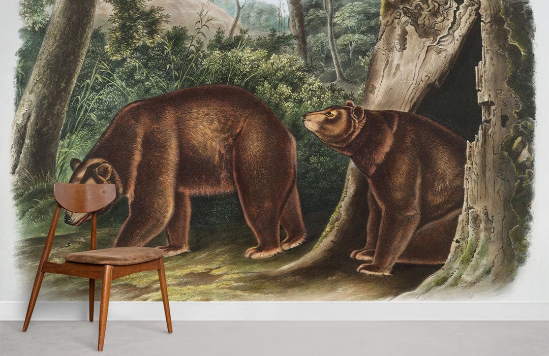 Vintage Bear Forest Mural Wallpaper in Earthy Tones with wooden chair, grey floor, room setting.