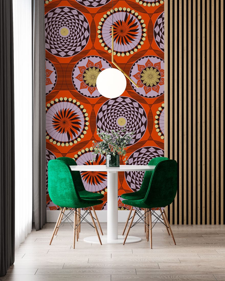 Vibrant Geometric Retro Pattern Wallpaper in Bold Orange and Black Design
