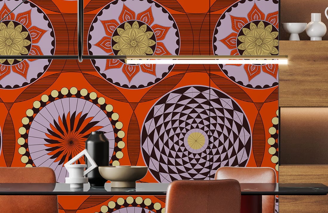 Vibrant geometric retro wallpaper in orange and black design with modern dining table and chairs.
