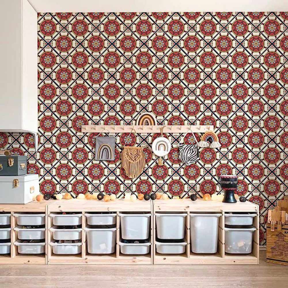 Vintage Mediterranean floral tile pattern wallpaper in red and beige tones, storage units, children's room.