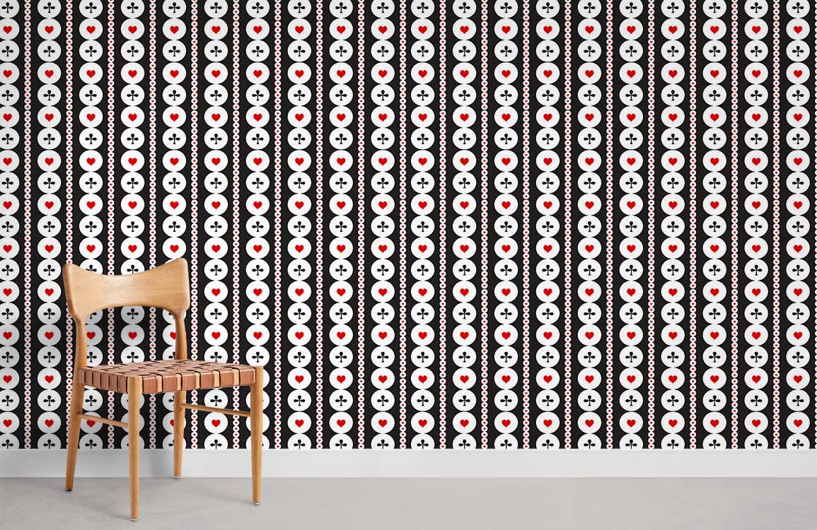 Retro geometric wallpaper pattern with red accents, wooden chair, minimalist decor, grey flooring.