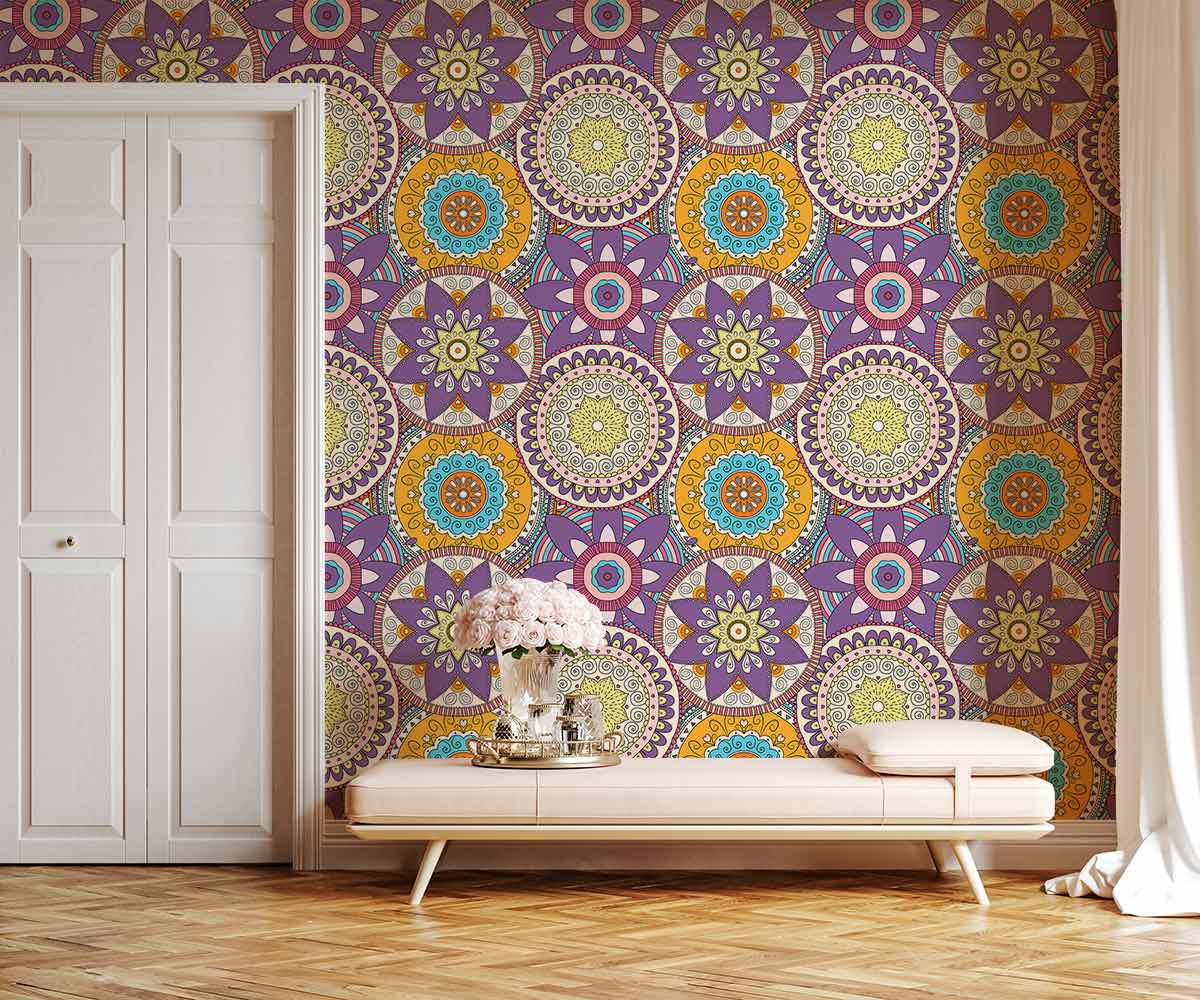 Bohemian mandala wallpaper in vibrant colours with light wood flooring and elegant cream bench.