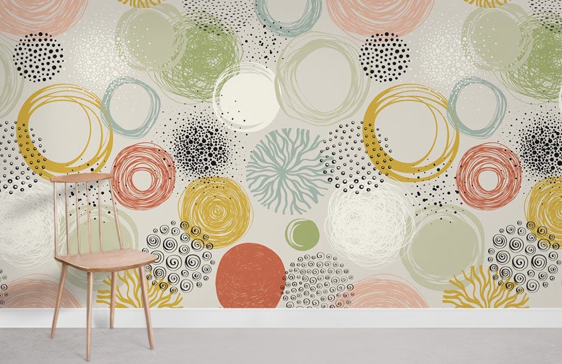 Abstract Pastel Whirlwind Circles Wallpaper, earthy tones, wooden chair, minimalistic room, neutral flooring.