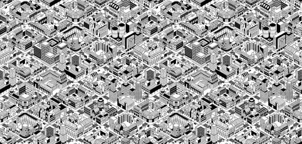 Black and White Urban Cityscape Geometric Pattern Wallpaper Mural