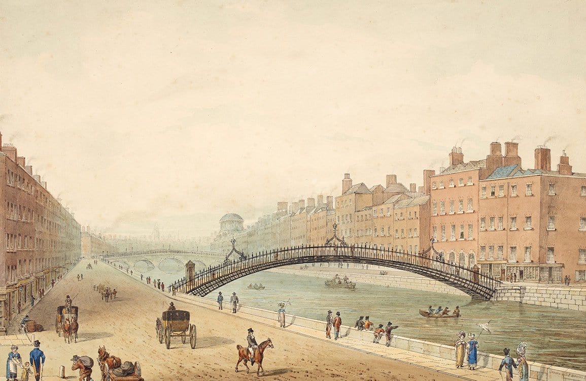 Vintage Cityscape Mural Wallpaper with Historic Bridge and Urban Charm
