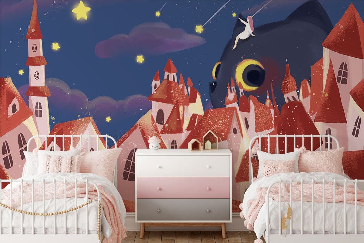 Whimsical village wallpaper in children's bedroom, featuring twin beds, wooden flooring, and colourful dresser.