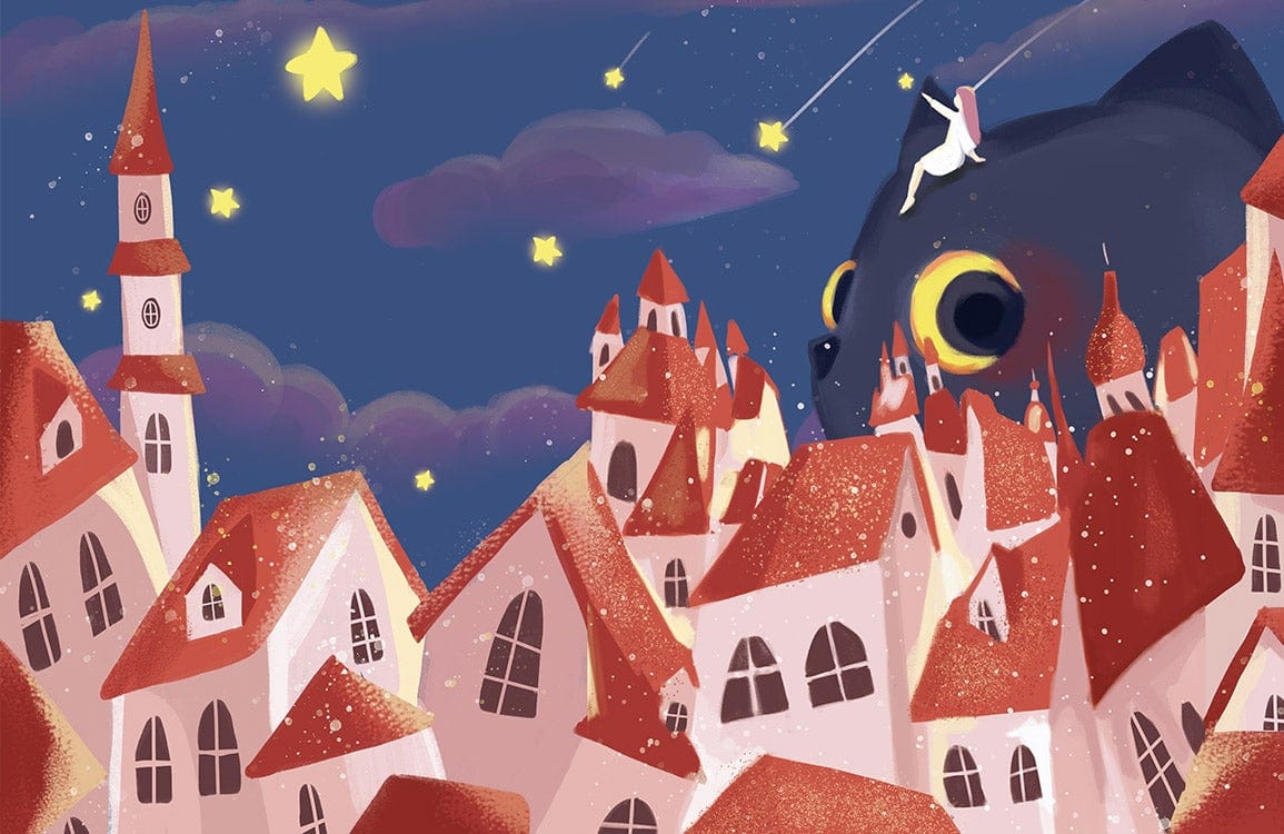 Whimsical Night Sky Cat and Village Illustration Mural Wallpaper - Enchanting Design