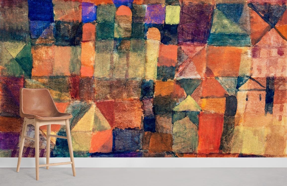Vibrant geometric mural wallpaper with leather chair, featuring bold multicolour pattern on concrete flooring.