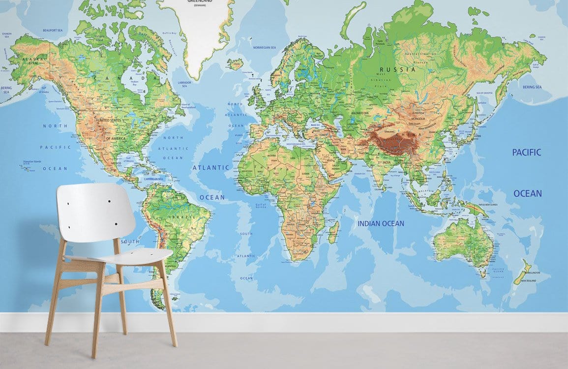 Vintage world map mural wallpaper with chair; earth-toned, modern interior, light flooring, dimension details.