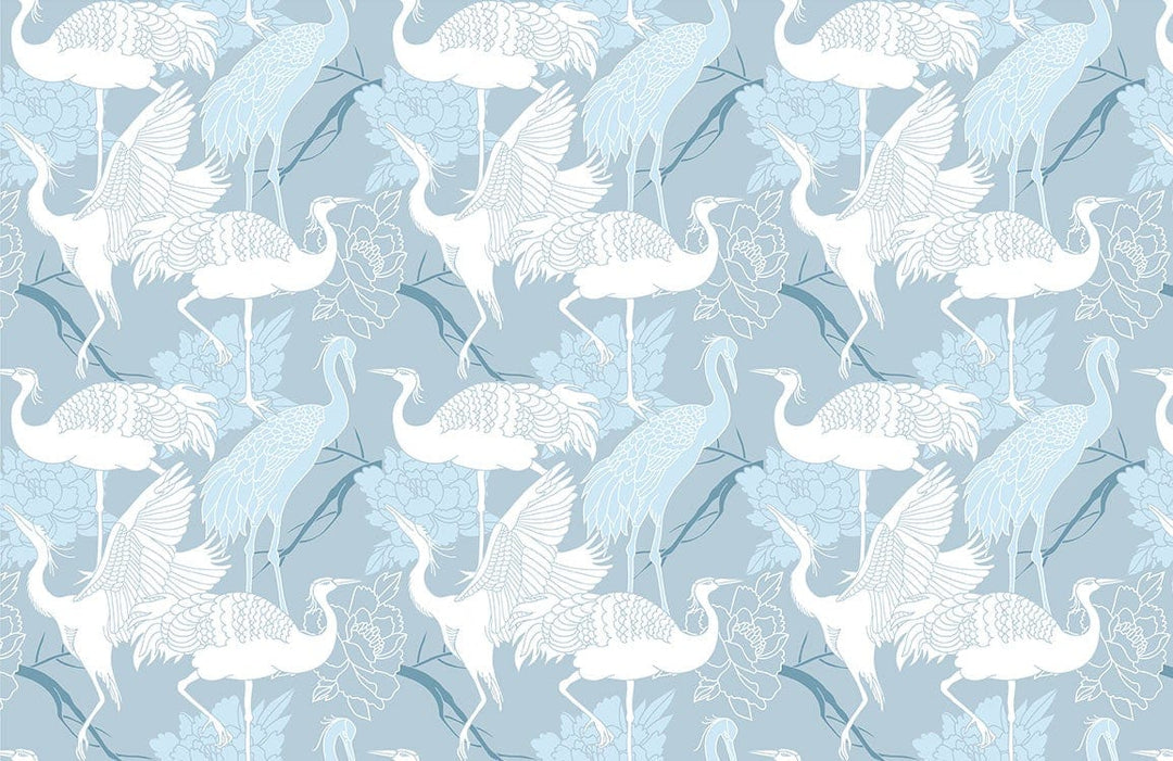 Elegant Blue Crane Pattern Wallpaper with Floral Elements for Stylish Homes