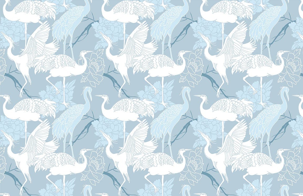 Elegant Blue Crane Pattern Wallpaper with Floral Elements for Stylish Homes