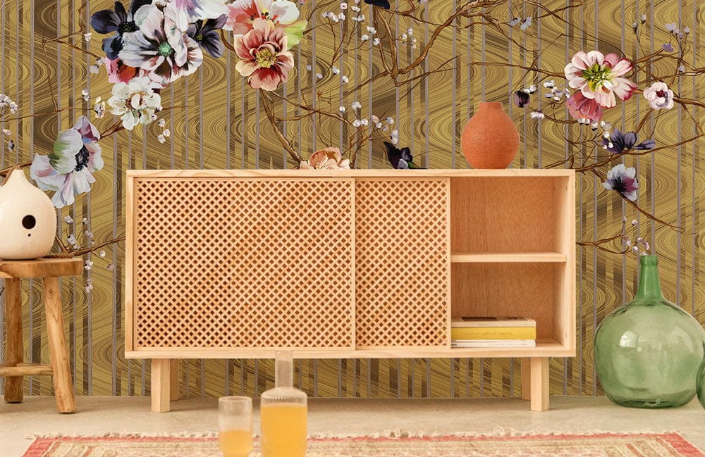 Elegant Gold Floral Wallpaper with Botanical Design Artistry, wooden sideboard, earthy-toned vases, vibrant room.