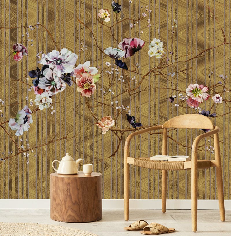 Elegant gold floral wallpaper, botanical vintage design, wooden armchair, minimalist Décor, light wood flooring.