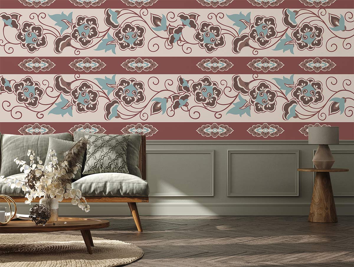 Vintage Floral Elegance wallpaper design in room with grey sofa, wooden floor, and side table.