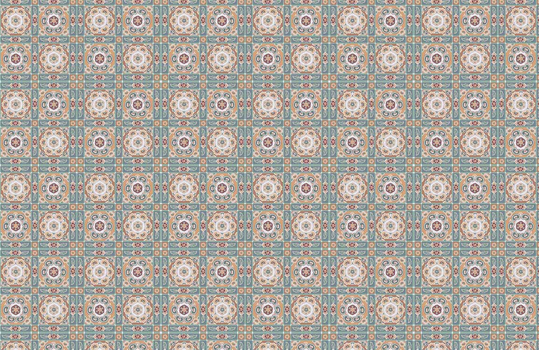 Vintage Mediterranean Tile Pattern Wallpaper in Turquoise and Beige Tones