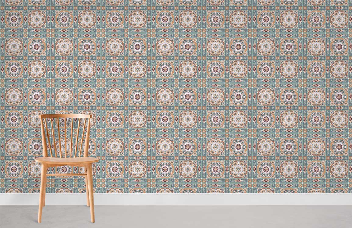 Vintage Mediterranean tile pattern wallpaper in turquoise and beige, wooden chair, grey flooring.