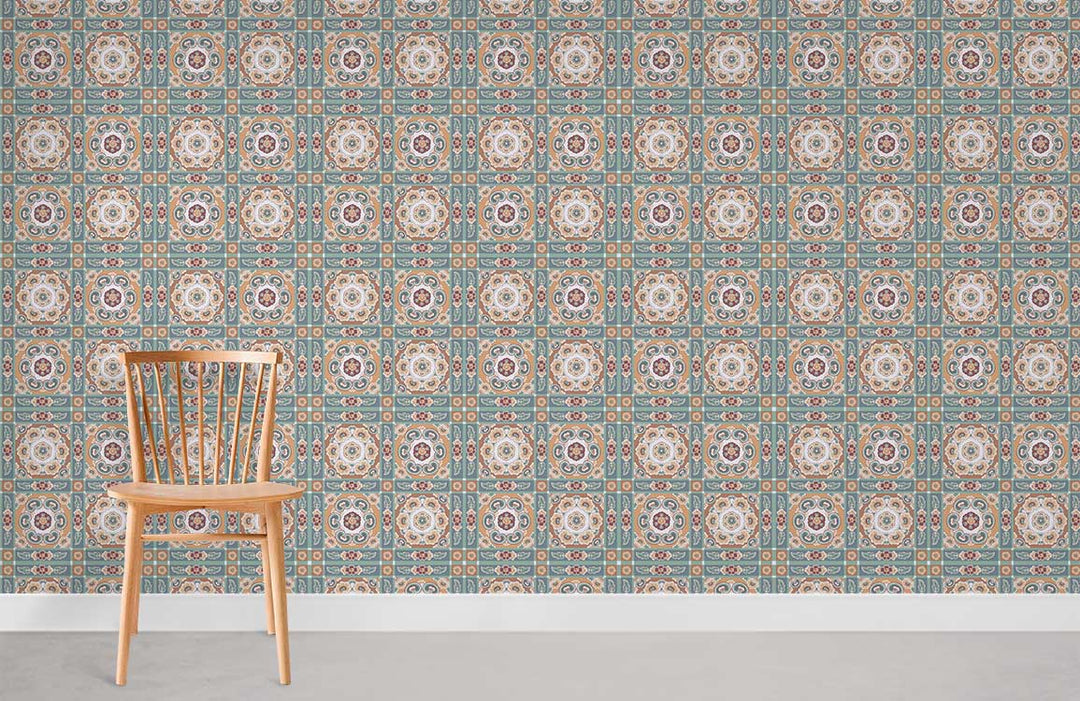 Vintage Mediterranean tile pattern wallpaper in turquoise and beige, wooden chair, grey flooring.