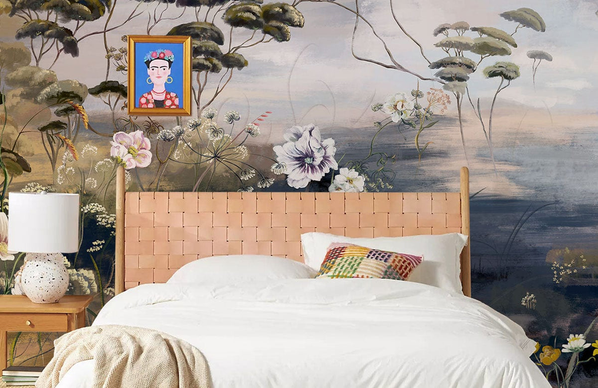 Tranquil Woodland Floral Mural Wallpaper in bedroom, soft earth tones, woven headboard, wooden side table.